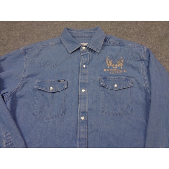 Poncho Denim Shirt Mens L Pearl Snap Regular Fit Casual Outdoor Pockets Cotton - Picture 3 of 12